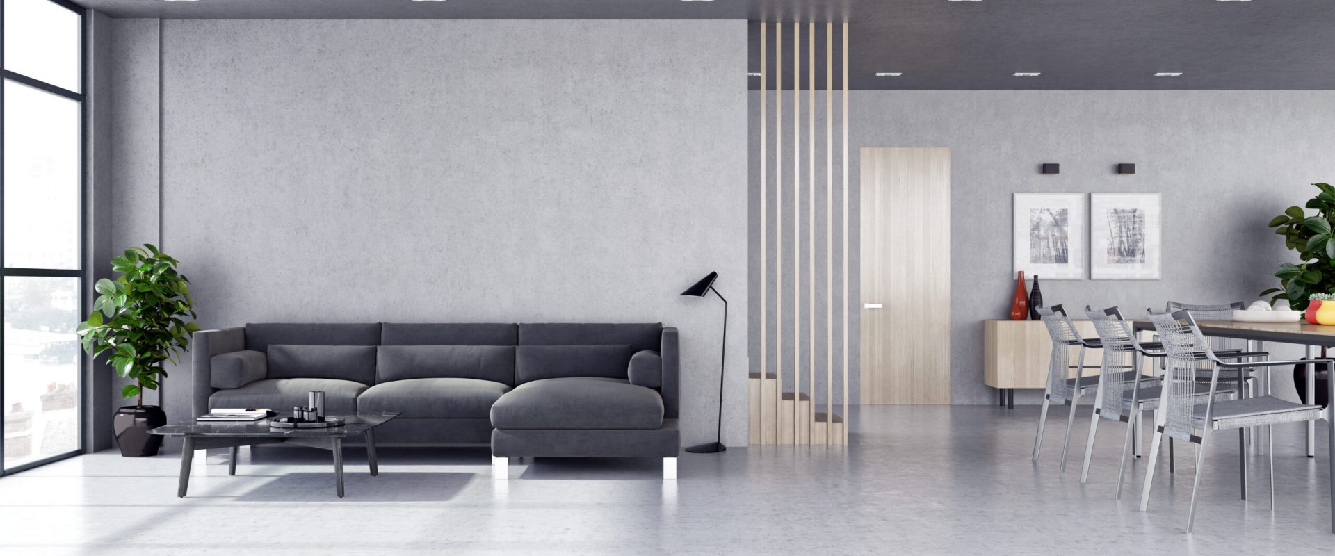 Luxuriöses modernes Wohnzimmer mit Beton und Holz